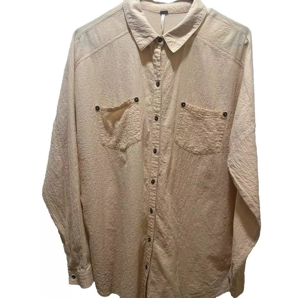 Free People Shirt Womens Large Peach S/P Oversized Crinkle Cotton Button Down